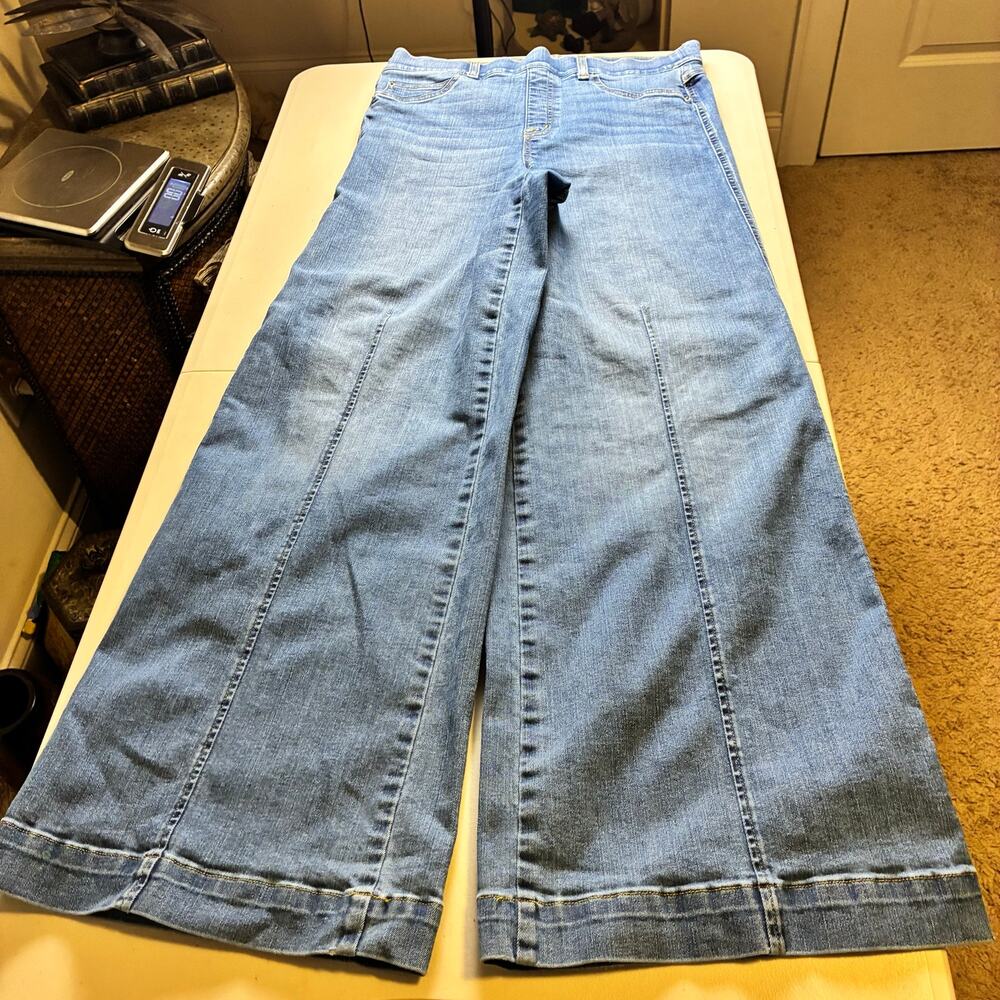 SPANX Wide Leg mom Jeans Womens Large Blue Stretch Denim Pull On Faux Pocket